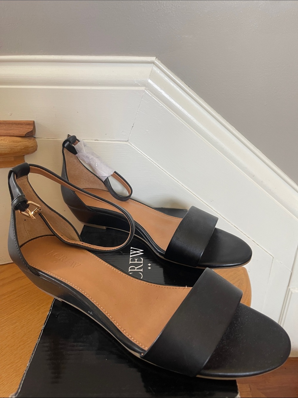 NEW J. Crew Black Leather Ankle-Strap Wedge Sandals c1178
